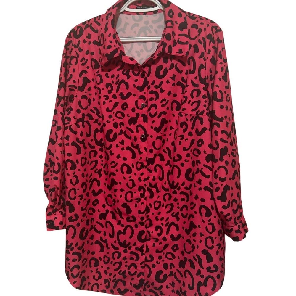 SHEIN Curve Women's Pink Black Animal Print Long‎ Sleeve Button Up Size 0XL = 12